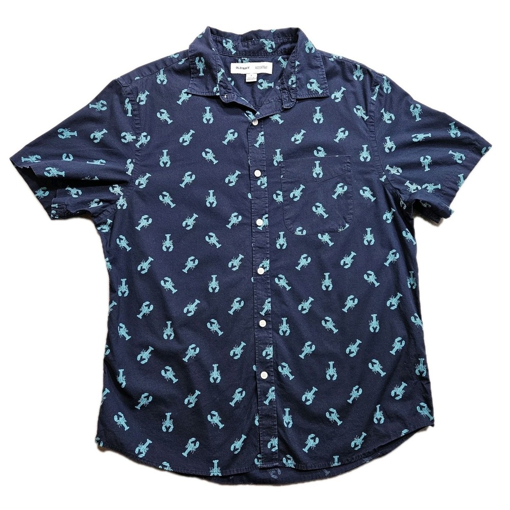 Old Navy Casual Shirt Mens Large Navy Blue Lobster Print Built In Flex Cruise